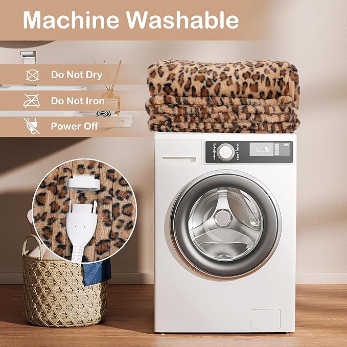 Electric Heated Blanket Throw Size 50" x 60", Super Cozy Soft with 6 Heating Levels & 3 Hours Auto Off, Soft & Comfort, Machine Washable, Home Office Use, Brown Leopard Print