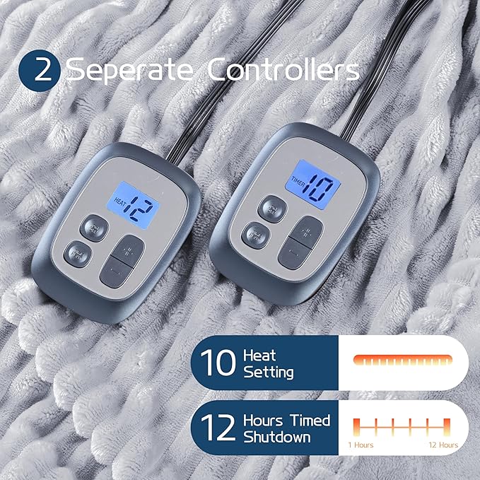 Electric Heated Blanket Queen Size 84x90 Inch - Ultra Soft Silky Flannel with Ribbed Texture, Dual Zone Controllers with 10 Heating Levels and 12 Hours Auto-Off Feature - Light Gray