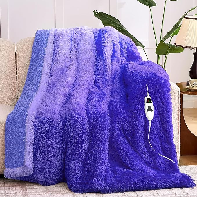 Heated Electric Blanket Twin,Warm Winter Birthday Gifts for Women Her Grandma–Faux Fur with Soft Sherpa,10 Heat Settings,5 Time Settings with Fast Heating, 62x84, Sunset Purple
