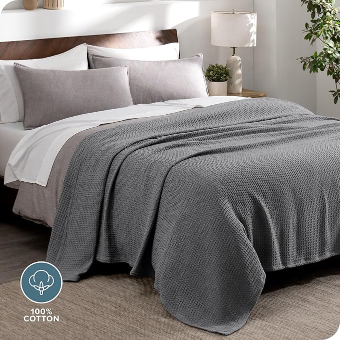 Bare Home Grey Waffle Blanket, Full/Queen 90Wx90L, 100% Cotton, Soft & Breathable Throw for All Seasons, Lightweight Blanket, Perfect for Layering Bed, Sofa & Couch (Full/Queen, Grey)