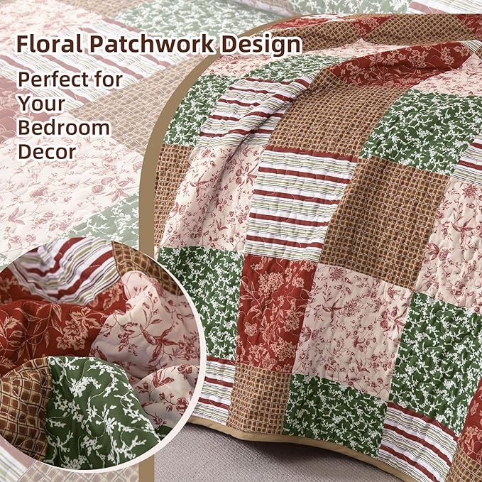 Mybedsoul Christmas Quilt Set Queen Size, 3 Pieces Red Green Floral Plaid Bedspread Coverlet Set, Reversible Soft Microfiber Bedding Set for All Season, Fall Winter Queen Christmas 90"x96"