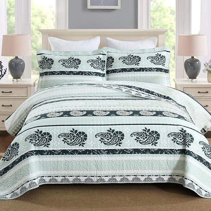 Green Quilt King Size, Cotton King Size Comforter Set, Striped Pattern Bedding, Green King Bedspread, Lightweight Reversible Coverlet All Season