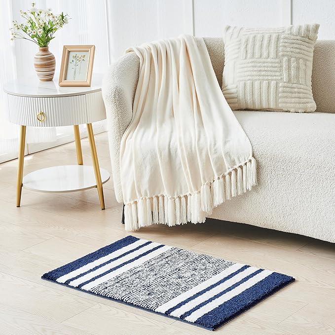 CozeCube Bath mats for Bathroom Non Slip, Fluffy Absorbent Microfiber Bath mat Washable, Aesthetic Bathroom Rugs, Cute Navy Blue Striped Bath mat, Navy Blue, 32" x 20"