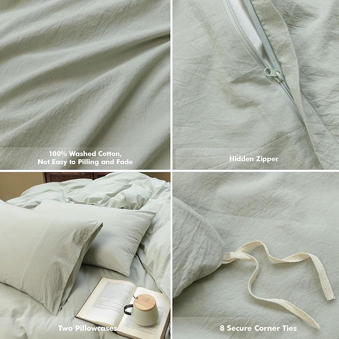 FOSSA Duvet Cover Set 100% Washed Cotton Linen Feel Super Soft Breathable Cozy 3 Pieces Bedding Sets Solid Sage Green Twin