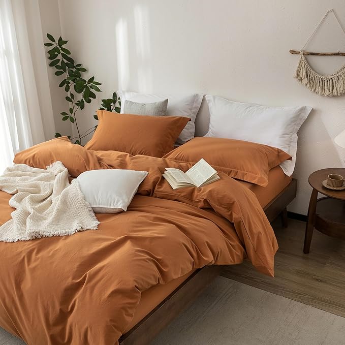 Linen Feel Duvet Cover King Size 104inch x 90inch,100% Washed Cotton Duvet Cover with Zipper Closure and 2 Pillowcases, Color of Burnt Orange