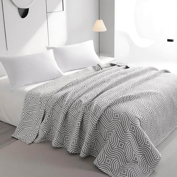 NTBAY 3 Layers Cotton Muslin 106x92 King Bed Blanket, Super Soft Breathable Thermal Yarn Dyed Quilt for Adults, Perfect Lightweight Blanket for Couch Sofa Bed All Seasons, Grey Geometric Ripples