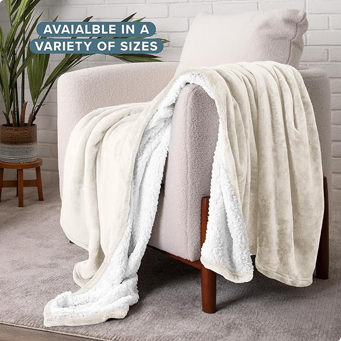 Bare Home Sherpa Fleece Blanket - Full/Queen Size - Blanket for Bed, Sofa, and Couch - Warm & Lightweight - Fluffy & Soft - Reversible (Full/Queen, Cream)