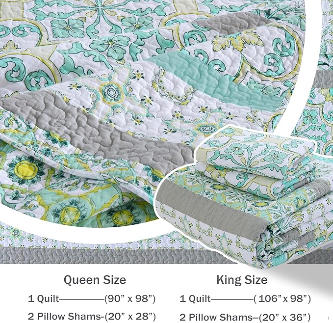 Homzard Sage Green Quilt King Size, Green Floral Quilt King，Cotton Comforter Set (106 * 98 Inches)