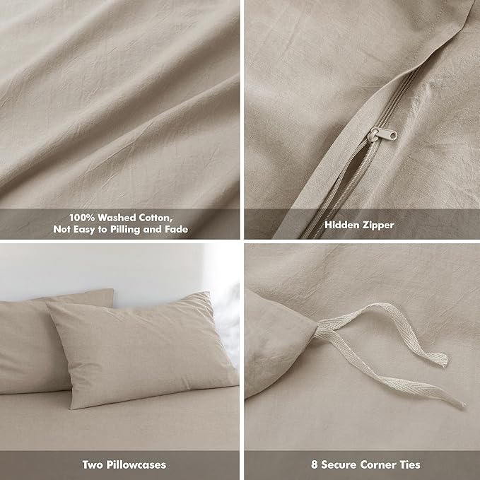 FOSSA Duvet Cover Set 100% Washed Cotton Linen Feel Super Soft Breathable Cozy 3 Pieces Bedding Sets Solid Tannish Linen Grey Oversized Queen
