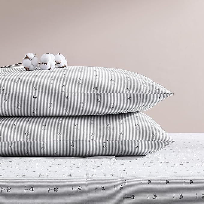 Tommy Bahama - Queen Sheet Set, Cotton Percale Bedding Set, Crisp & Cool, Stylish Bedding Set (Kew Palms Grey, Queen)