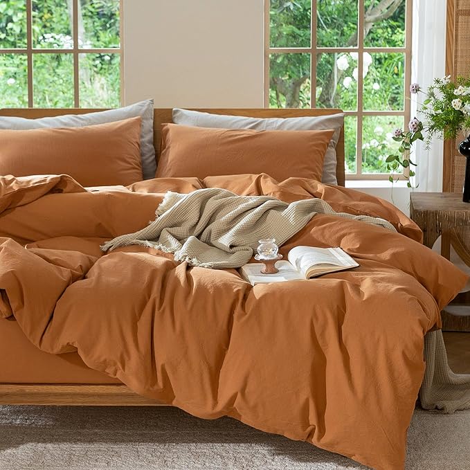MooMee Bedding Duvet Cover Set 100% Washed Cotton Linen Like Textured Breathable Durable Soft Comfy (Solid Burnt Orange, Cal King 104"x98")