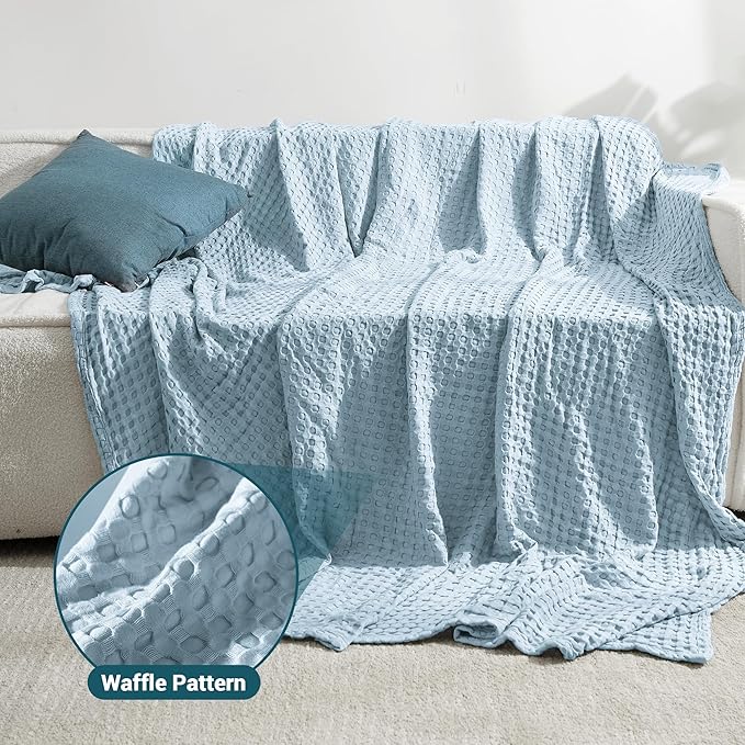 AganearWaffle Blanket - Lightweight Breathable Summer Blanket of 50% Cotton and 50% Rayon Derived from Bamboo for Hot Sleepers Luxury Throws for Bed, Couch and Sofa,Blue,90x90 Inches