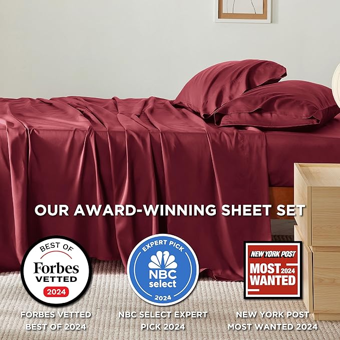 Bedsure King Size Sheets Set, Cooling Sheets for Hot Sleepers, Rayon Derived from Bamboo, Breathable & Soft, Deep Pocket Up to 16 Inches, Hotel Luxury Silky Bedding, Burgundy