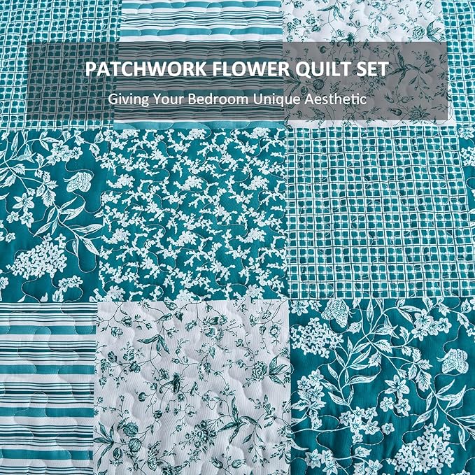 Mybedsoul Teal Blue Quilt Set Queen Size 3 Pieces Boho Plaid Turquoise Floral Bedspread Set Microfiber Lightweight Bohemian Bedding Bedspread Coverlet Set for All Season 90"x96"