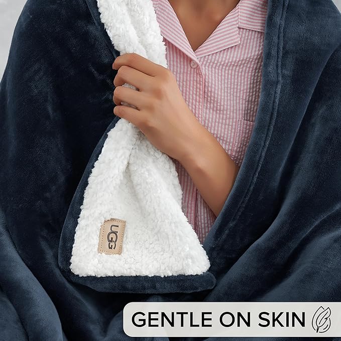 UGG Ariana King/California King Blanket Fleece Fluffy Reversible Soft Fuzzy Bedding Cozy Plush Warm Oversized Blanket Machine Washable Bedroom Decor for Big Couch or Bed, 110-inch x 90-inch, Navy Blue