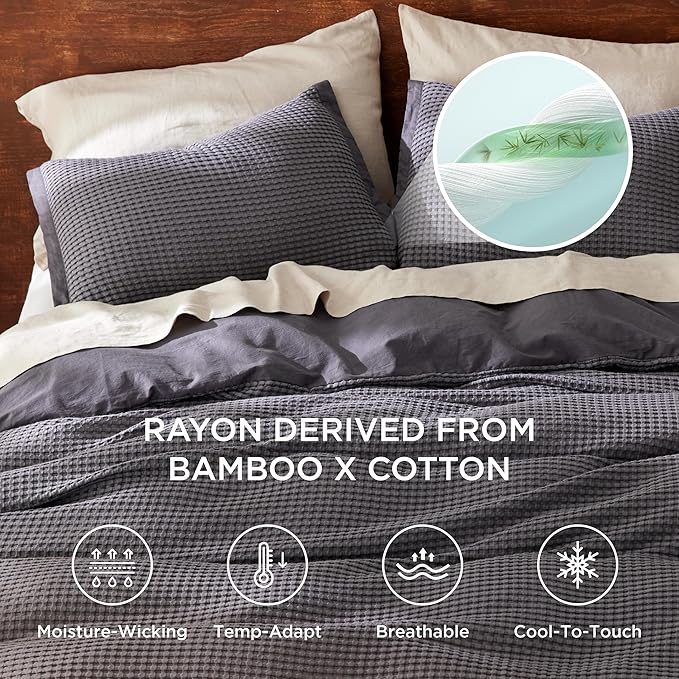Bedsure Cooling Waffle Duvet Cover King - Cotton Blend Rayon Derived from Bamboo Duvet Cover Set for Hot Sleepers, Breathable Bedding Set with a Vintage Charm, 3 Pieces (Charcoal, King, 104"x90")
