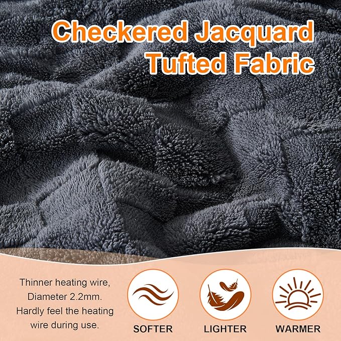 Electric Heated Blanket Full Size - Jacquard Checkered Sherpa 72"x84" Fast Heating Bed Blankets with 6 Heating Levels & 10 Hours Auto Off, Over-Heat Protection ETL, Dark Gray