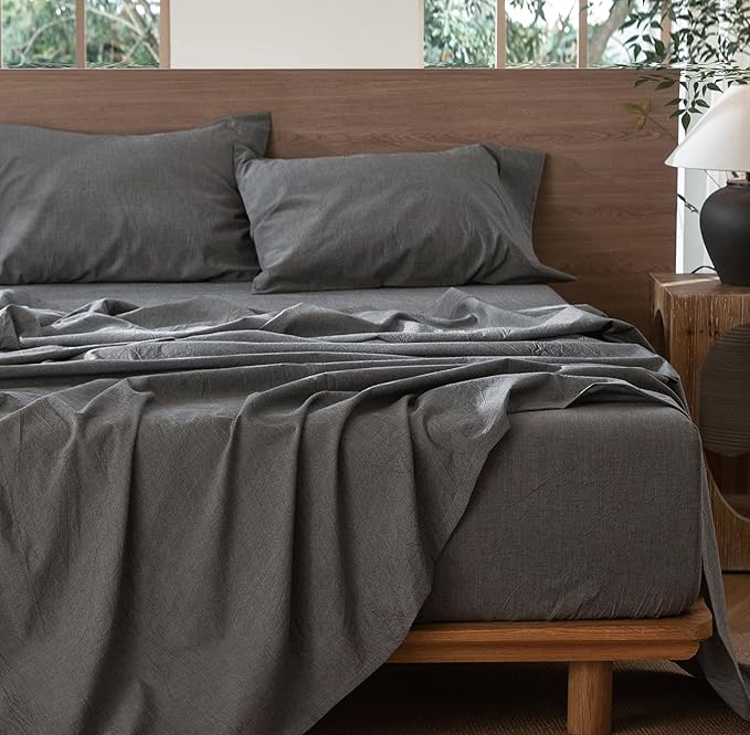 MooMee Bedding Sheet Set 100% Washed Cotton Linen Like Textured Breathable Durable Soft Comfy (Heathered Dark Grey, Split King)