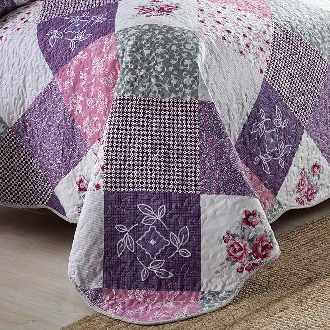 HoneiLife Quilt Set Queen Size - 3 Piece Microfiber Reversible Bedspreads Patchwork Coverlets Floral Bedding Set All Season Quilts with Geometric and Little Rose Print Pattern