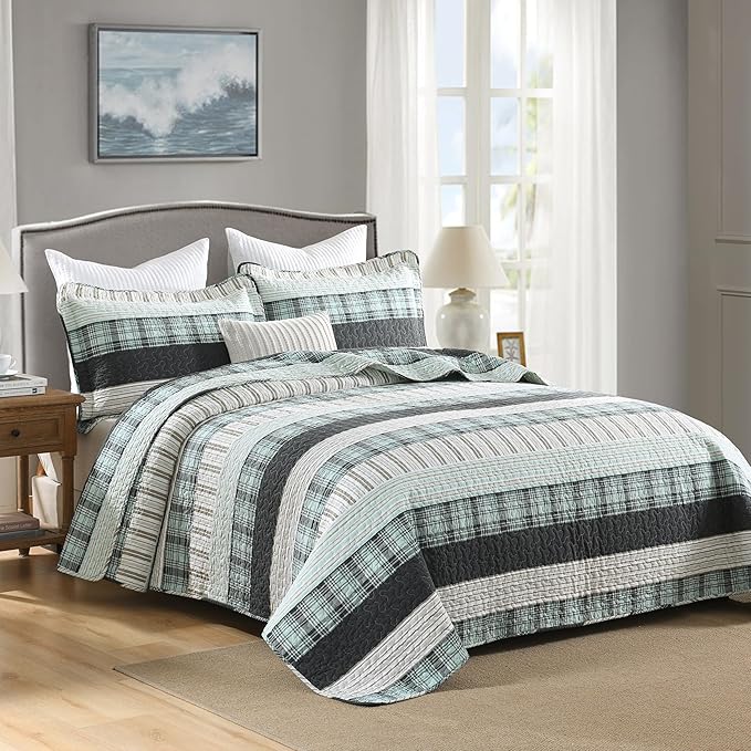 Homzard Queen Comforter Set，Cotton Quilts Queen Size，Teal Black Beige Bedding，Plaid Striped Bedspread，Lightweight Reversible Coverlet All Season 3 Pieces