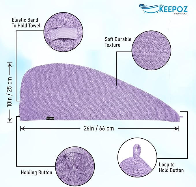 KEEPOZ Hair Towel Wrap Quick Dry 100% Cotton Super Absorbent Turban Head Wrap for Women with Button, Non Microfiber Anti Frizz Products, Hair Cap for Curly, Long (Lilac Pink Check, 2 Pcs)