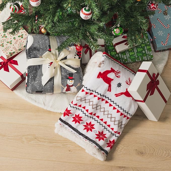 PAVILIA Premium Christmas Sherpa Throw Blanket | Christmas Decoration Gift, Fleece, Plush, Warm, Cozy Reversible Microfiber Holiday Blanket | White Reindeer - 60x80 Twin