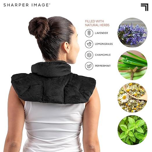 Sharper Image Heated Neck & Shoulder Wrap - Microwavable Warm & Cooling Plush Pad, Scented Aromatherapy (100% Natural Lavender & Herb Spa Blend), Pain Tension Headache Relief Therapy, Gift for Women