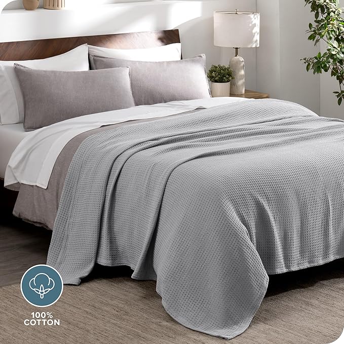 Bare Home Light Grey Waffle Blanket, 108Wx90L, 100% Cotton, Soft & Breathable Throw for All Seasons, Lightweight Blanket, Perfect for Layering Bed, Sofa & Couch (King/Cal King, Light Grey)