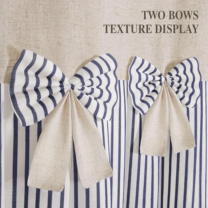 Farmhouse Shower Curtain Linen Bow Woven Fabric Country Rustic Western, Pleated Blue Stripe 72" W x 72" L