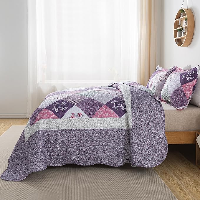 HoneiLife Quilt Sets King Size - 3 Pieces Microfiber Quilt Set Lightweight Bedspreads Reversible Coverlets Retro Bed Cover King Quilt Bedding Set All Season Quilts-Purple
