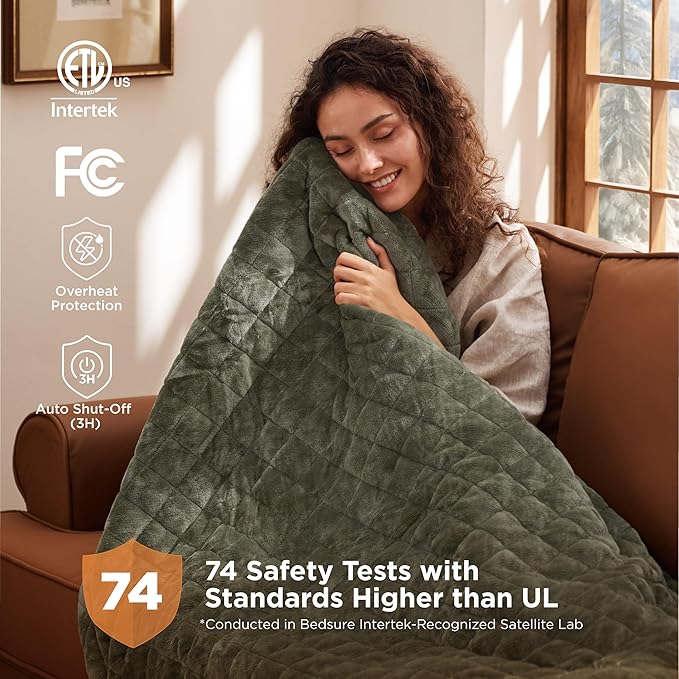 Bedsure Heated Blanket Throw Blanket - Quilted Electric Blanket, Soft Flannel Thick Heating Blanket with 4 Time Settings & 6 Heating Settings, Warm Gifts for Women Men (50x60 inches, Olive Green)