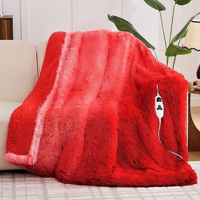 Heated Electric Blanket Twin,Warm Winter Birthday Gifts for Women Her Grandma–Faux Fur with Soft Sherpa,10 Heat Settings,5 Time Settings with Fast Heating, 62x84, Ruby Wine