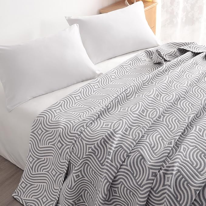 NTBAY 3 Layers Cotton Muslin 68x92 Twin Bed Blanket, Super Soft Breathable Thermal Yarn Dyed Quilt for Adults, Perfect Lightweight Blanket for Couch Sofa Bed All Seasons, Grey Geometric Ripples