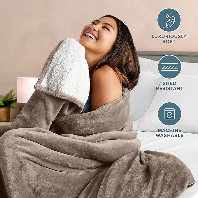Bare Home Sherpa Fleece Blanket - Full/Queen Size - Blanket for Bed, Sofa, and Couch - Warm & Lightweight - Fluffy & Soft - Reversible (Full/Queen, Taupe)
