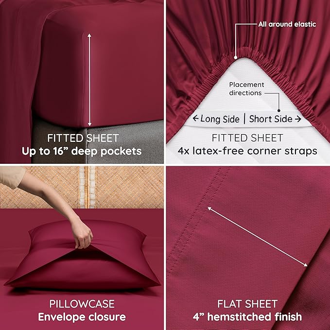 Bambaw 100% Viscose Derived from Bamboo Sheets California King Size Set – 4pcs Deep Pocket Cooling Sheets, Fits Up to 16'', Bedding for Night Sweats, Extra Soft Sheet Set (Burgundy)