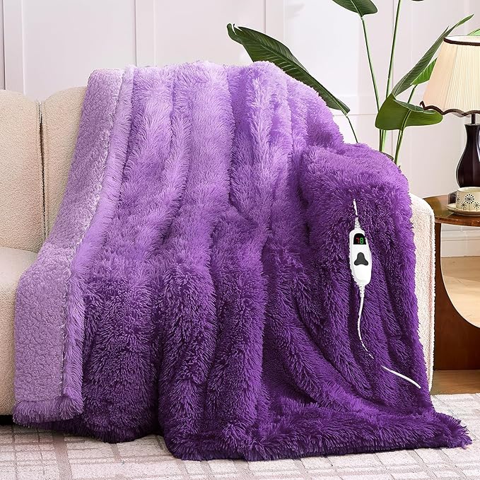 Heated Electric Blanket Throw,Warm Winter Birthday Gifts for Women Her Grandma-Faux Fur with Soft Sherpa,10 Heat Settings,5 Time Settings with Fast Heating, 50x60, Mystic Purple