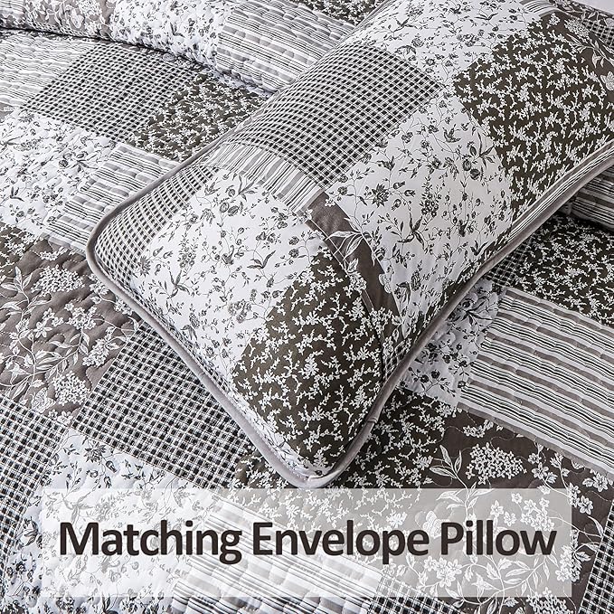 Mybedsoul Grey Boho Quilt Set Queen Size,3 Pieces Plaid Floral Bedspread Coverlet Set for All Season,Patchwork Reversible Bedding Set Queen 90"x96"
