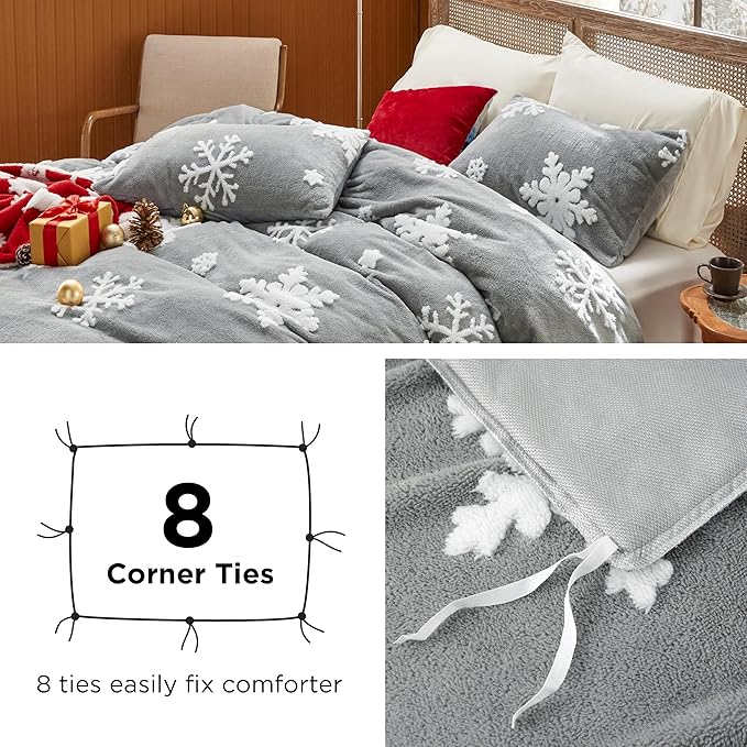Bedsure Fluffy Duvet Cover Set - Ultra Soft Plush Shaggy Comforter Cover King Size, Warm Flannel Fleece Bed Sets for Winter, 3 Pieces, Snowflake Pattern, Grey