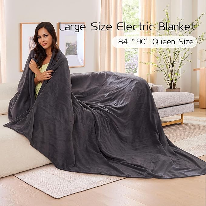 Electric Heated Blanket 84"x90" Queen Size, Soft Coral Fleece, Dual Controllers with 4 Heating Levels and 10 Hours Auto-Off, Machine Washable, Cozy Plush Fabric for Home, Dark Grey