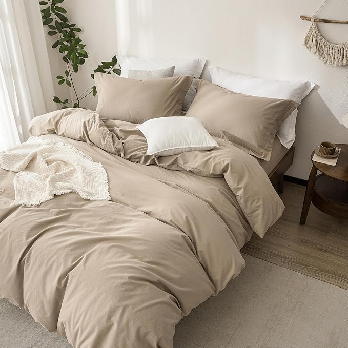 Linen Feel Duvet Cover Queen Size 90inch x 90inch,100% Washed Cotton Duvet Cover with Zipper Closure and 2 Pillowcases, Color of Mocha Brown