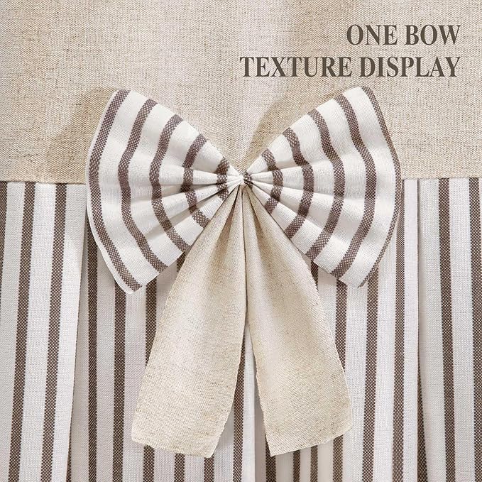 Farmhouse Shower Curtain Linen Beige Bow Woven Fabric Country Rustic Western, Pleated Brown Stripe 72" W x 78" L