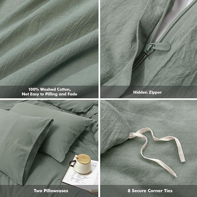 FOSSA Duvet Cover Set 100% Washed Cotton Linen Feel Super Soft Breathable Cozy Simple Style 3 Pieces Bedding Sets Solid Heathered Green Oversized King