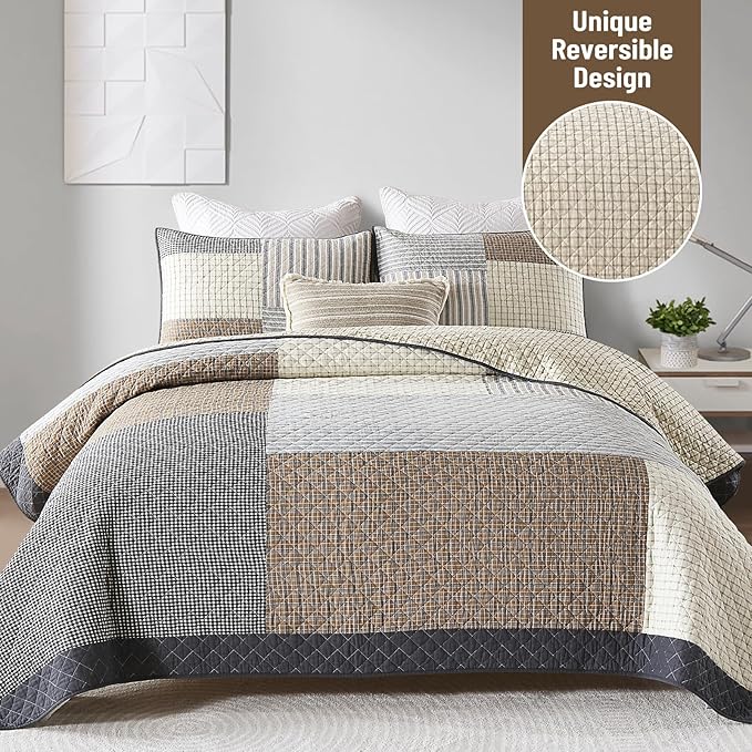 Real-Patchwork Plaid Queen Quilt - 100% Cotton Farmhouse Beige Brown Gray Queen Size Quilts Bedspread, Lightweight Reversible Quilted Coverlet Bedding Set for All Season, 3-Piece(98"x90")
