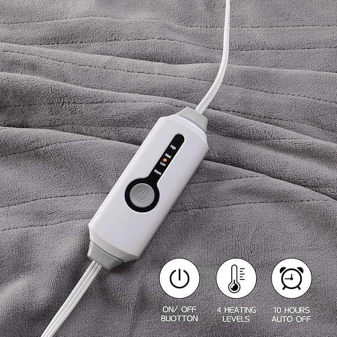 Electric Heated Blanket 72"x84" Full Size, Soft Coral Fleece with 4 Heating Levels and 10 Hours Auto-Off, Machine Washable, Cozy Plush Fabric for Home, Light Gray
