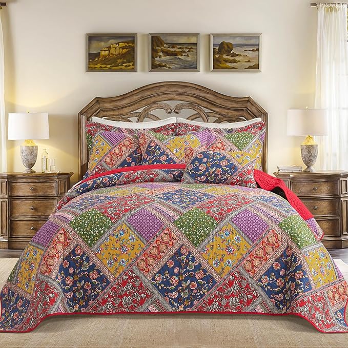 BEDIFANY Cotton King Quilt Set - Vintage Farmhouse Bedspread with Vibrant Floral Pattern, 3-Piece Lightweight Coverlet (98x106 Inch) + 2 Pillow Shams, All Seasons Multicolor Quilt Bedding Set