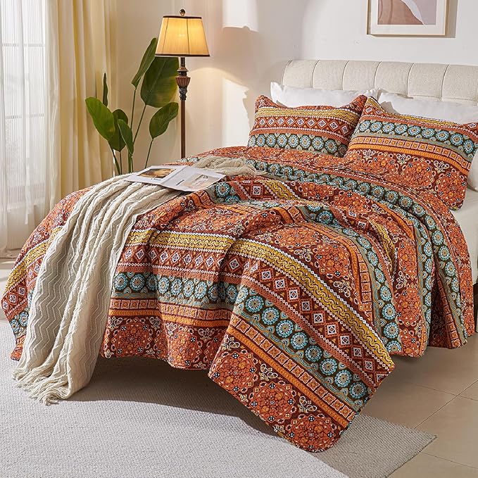 Cmfshape Orange Quilt Sets Bedspread Set 100% Cotton Boho Bedding Set, All Season Use Lightweight Reversible Coverlet Quilts with 2 Pillow Shams(Queen 92"x96")