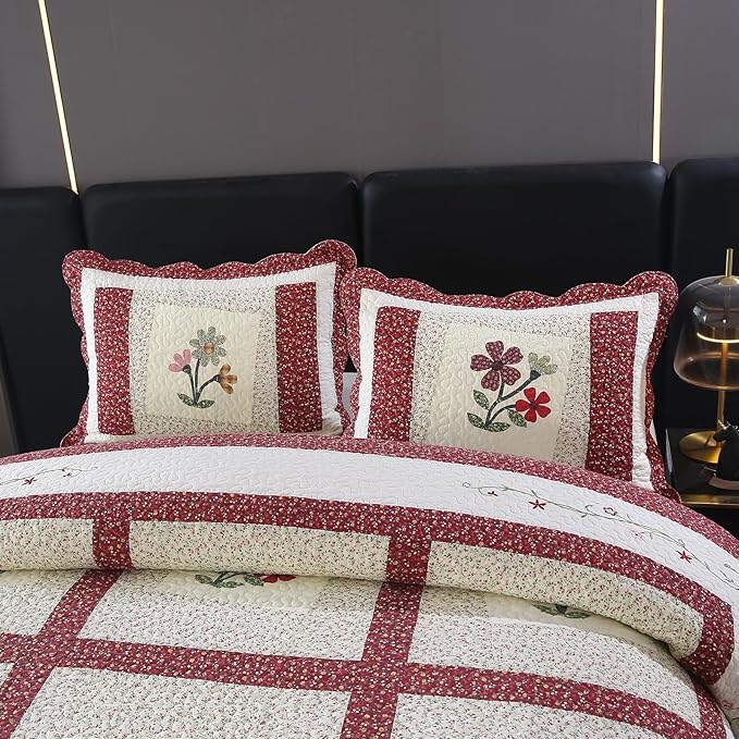 vctops Christmas Red 2 Piece Embroidered Floral Quilted Bedspread Quilt Set 100% Cotton Reversible Patchwork Coverlet Set 1 Quilt and 1 Pillow Sham (Red,Twin)