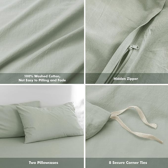 FOSSA Duvet Cover Set 100% Washed Cotton Linen Feel Super Soft Breathable Cozy 3 Pieces Bedding Sets Solid Sage Green Full/Double