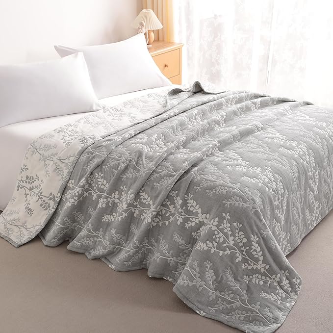 NTBAY 3 Layers Cotton Muslin 88x92 Queen Bed Blanket, Super Soft Breathable Thermal Yarn Dyed Quilt for Adults, Perfect Lightweight Blanket for Couch Sofa Bed All Seasons, Grey Tree