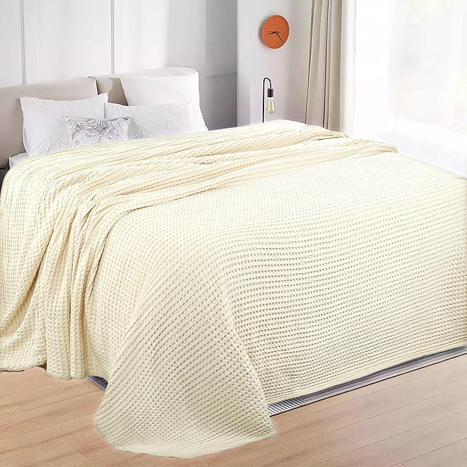 HILLFAIR 100% Cotton Blanket- 120"x120" XXL Oversized King Bed Blankets- Family Size 10 ft x 10 ft Big- Waffle Blankets- All Season Soft Breathable- Extra Large King Cotton Blanket for Bed- Ivory